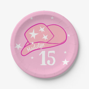 Modern Cowgirl Western Hat Pink Girl 15th Birthday Paper Plates