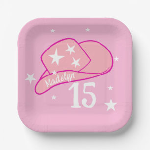 Modern Cowgirl Western Hat Pink Girl 15th Birthday Paper Plates
