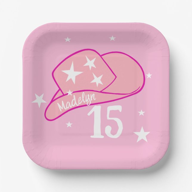 Modern Cowgirl Western Hat Pink Girl 15th Birthday Paper Plates (Front)