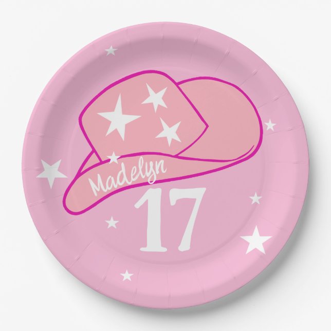 Modern Cowgirl Western Hat Pink Girl 17th Birthday Paper Plates (Front)