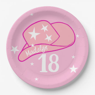 Modern Cowgirl Western Hat Pink Girl 18th Birthday Paper Plates