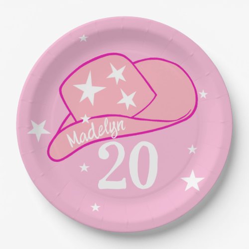 Modern Cowgirl Western Hat Pink Girl 20th Birthday Paper Plates