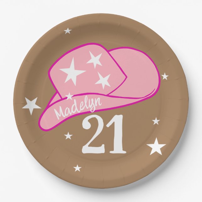 Modern Cowgirl Western Hat Pink Girl 21st Birthday Paper Plates (Front)