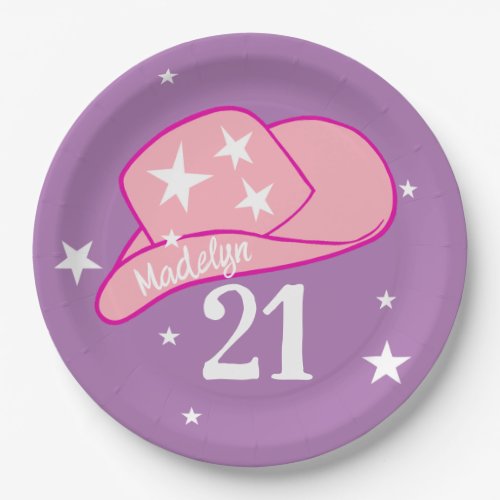 Modern Cowgirl Western Hat Pink Girl 21st Birthday Paper Plates