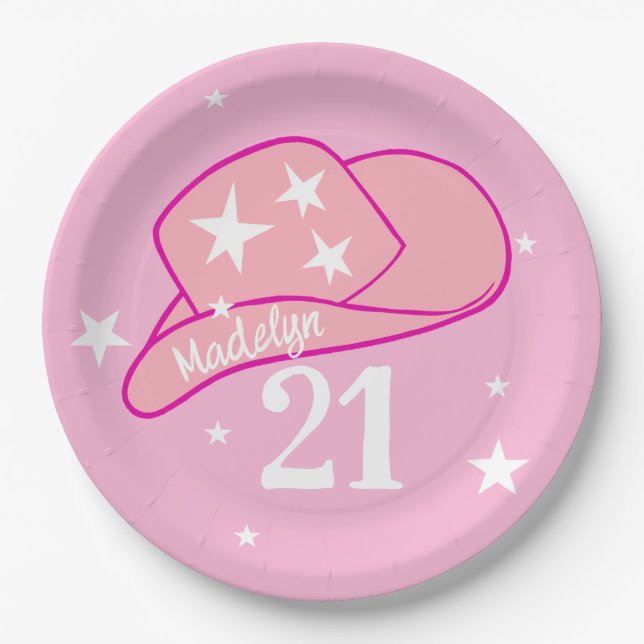 Modern Cowgirl Western Hat Pink Girl 21st Birthday Paper Plates (Front)