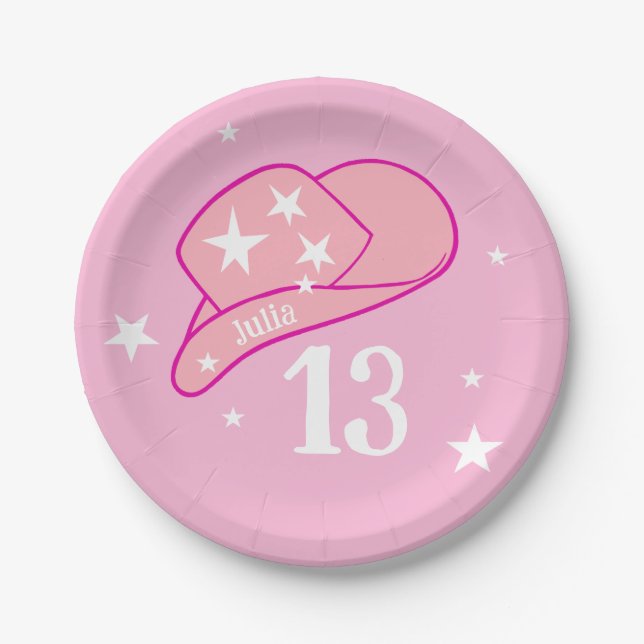 Modern Cowgirl Western Hat Pink Sweet 13 Birthday Paper Plates (Front)