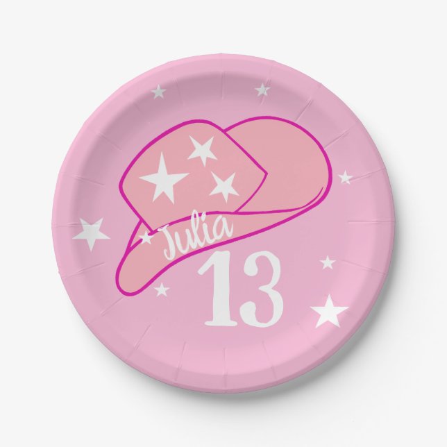 Modern Cowgirl Western Hat Pink Sweet 13 Birthday Paper Plates (Front)