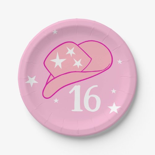 Modern Cowgirl Western Hat Pink Sweet 16 Birthday Paper Plates