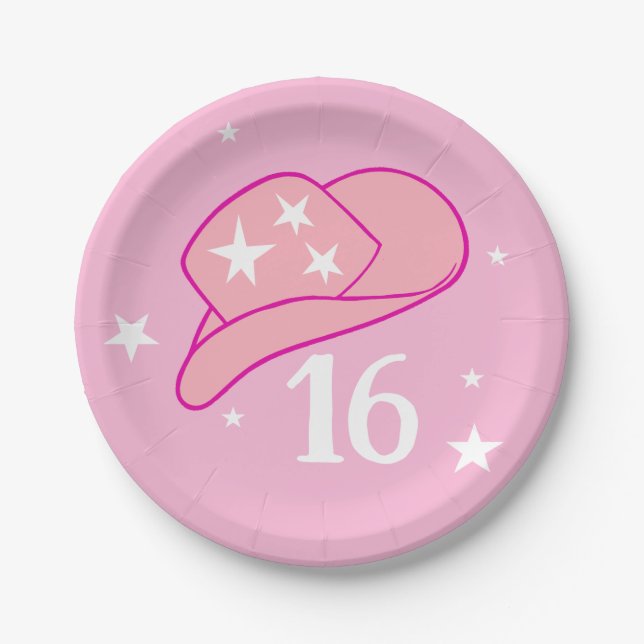 Modern Cowgirl Western Hat Pink Sweet 16 Birthday Paper Plates (Front)