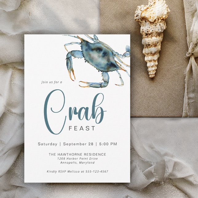 Modern Crab Feast Watercolor Blue Crab Invitation (Available in both printed and paperless digital download!)