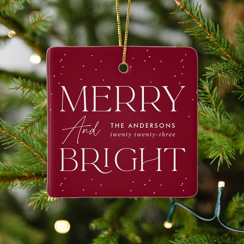 Modern Cranberry Merry and Bright Photo Ceramic Ornament