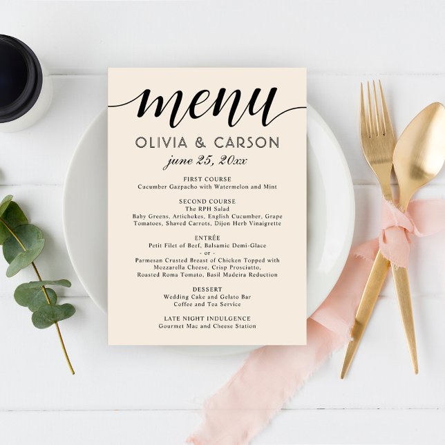 Modern Cream and Black Script Wedding Monogram Menu (Creator Uploaded)