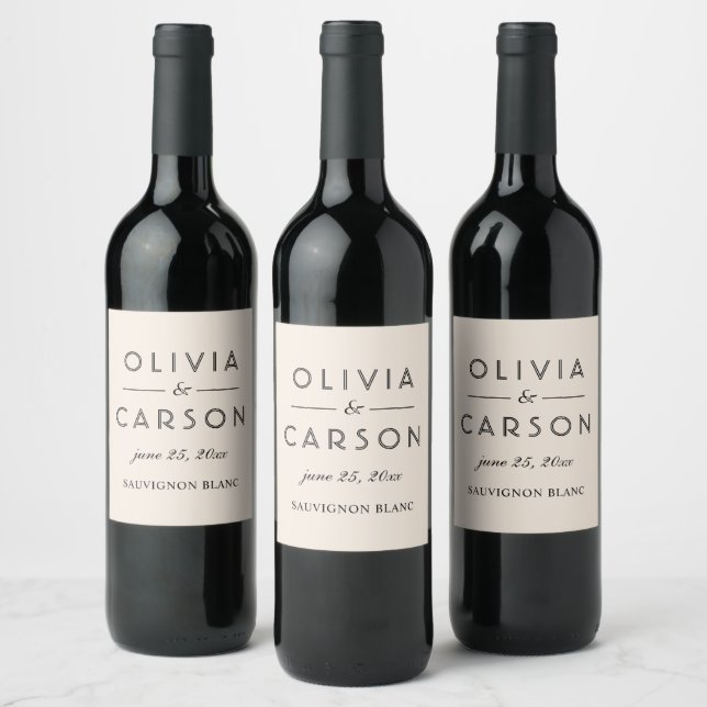 Modern Cream and Black Script Wedding Monogram Wine Label (Bottles)