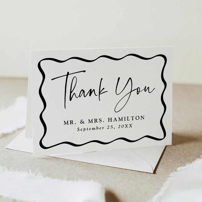 Modern Cream and Black Wavy Frame Photo Wedding Thank You Card (Creator Uploaded)