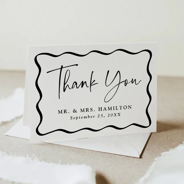 Modern Cream and Black Wavy Frame Photo Wedding Thank You Card | Zazzle