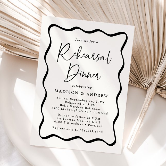 Modern Cream and Black Wavy Frame Rehearsal Dinner Invitation (Creator Uploaded)