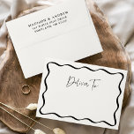 Modern Cream and Black Wavy Frame Wedding Envelope<br><div class="desc">Add a stylish touch to your wedding suite with these Modern Cream and Black Wavy Frame personalized wedding envelopes. The front of the envelope features a black wavy frame border with "Deliver To" displayed in a handwritten black script. The retro wedding envelope reverses to display your names and return address...</div>