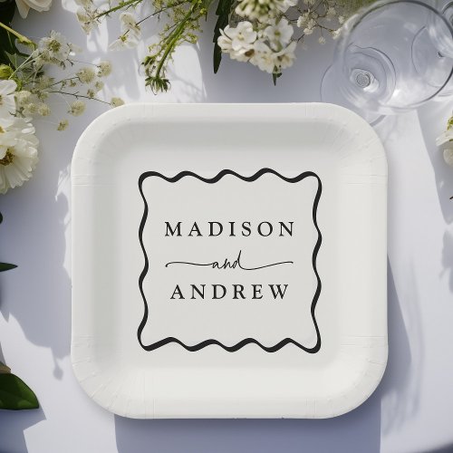 Modern Cream and Black Wavy Frame Wedding Paper Plates