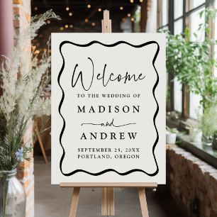 Modern Cream and Black Wavy Frame Wedding Welcome Foam Board