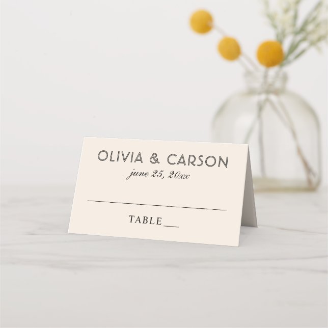 Modern Cream and Black Wedding Monogram Place Card (Front)