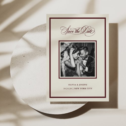Modern Cream and Burgundy | Calligraphy and Photo Save The Date