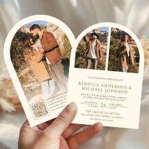 Modern Cream and Gold Arch Photo QR Code Wedding Invitation