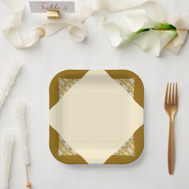 Modern Cream And Gold Square Paper Plates (Wedding)