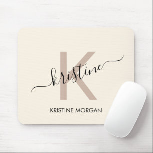 Modern cream beige script monogram name  mouse pad