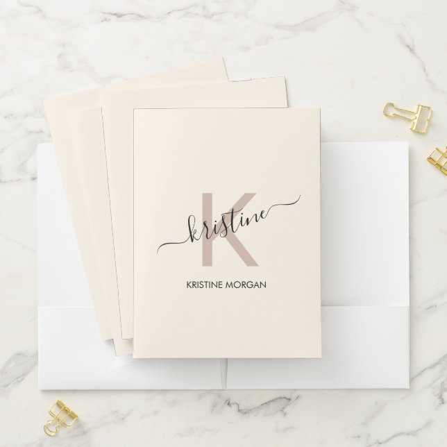 Modern cream beige script monogram name  pocket folder (In Situ)