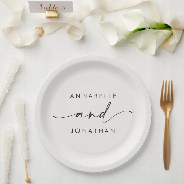 Modern cream black minimal contemporary wedding paper plates (Wedding)