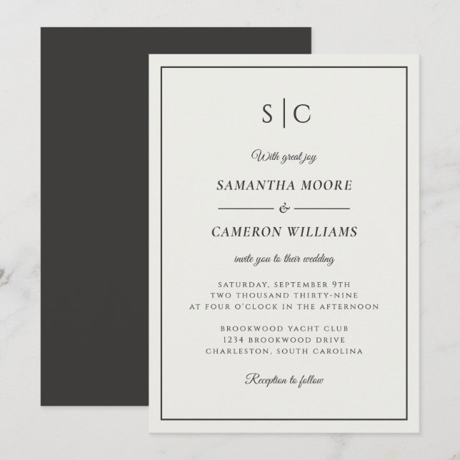 Modern Cream Black Monogram Wedding Invitation (Front/Back)