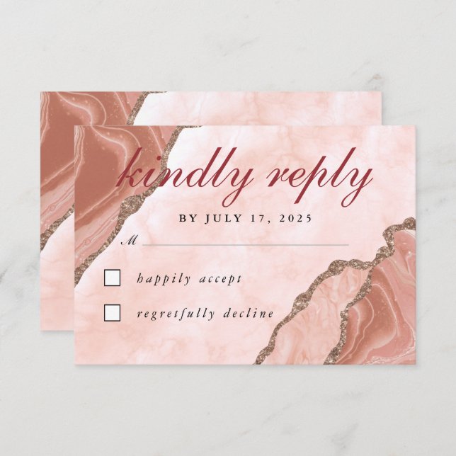 Modern Cream Blush Agate Soft Pink Glitter Gold RSVP Card (Front/Back)