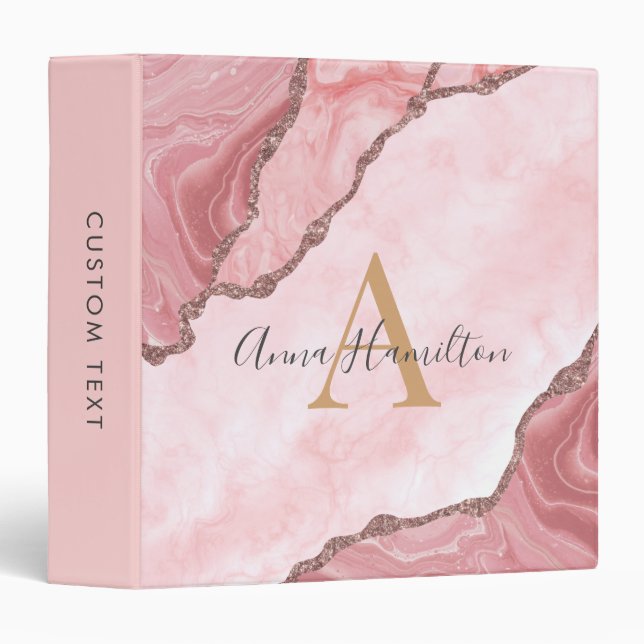 Modern Cream Blush Pink Agate Geode Monogram 3 Ring Binder (Front/Spine)