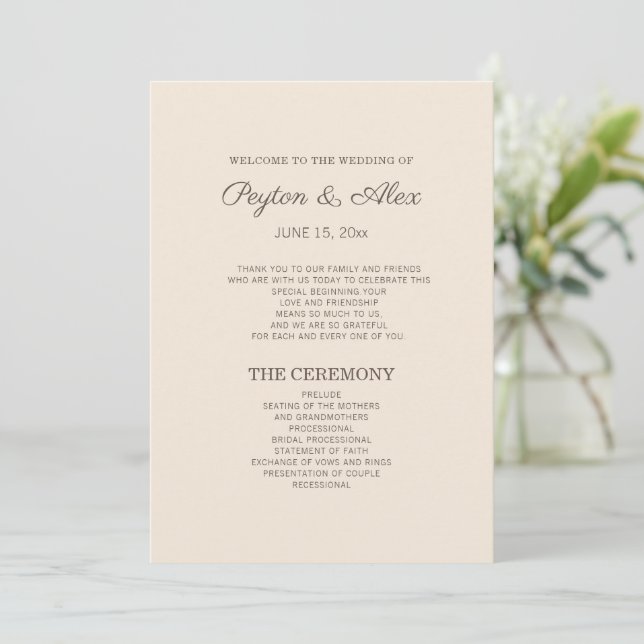 Modern Cream Brown Wedding Program  (Standing Front)