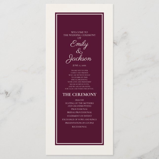 Modern Cream Burgundy Wedding Program (Front)