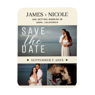 Modern Cream Color Save the Date Wedding 3 Photos Magnet