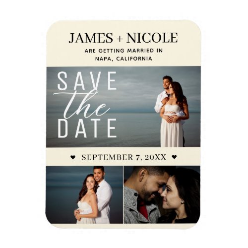 Modern Cream Color Save the Date Wedding 3 Photos Magnet