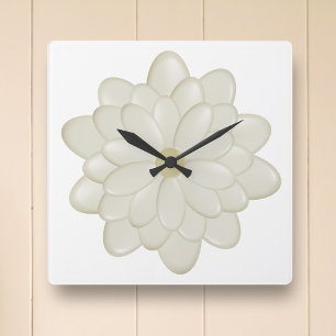 Modern Cream Daisy Flower White Square Wall Clock