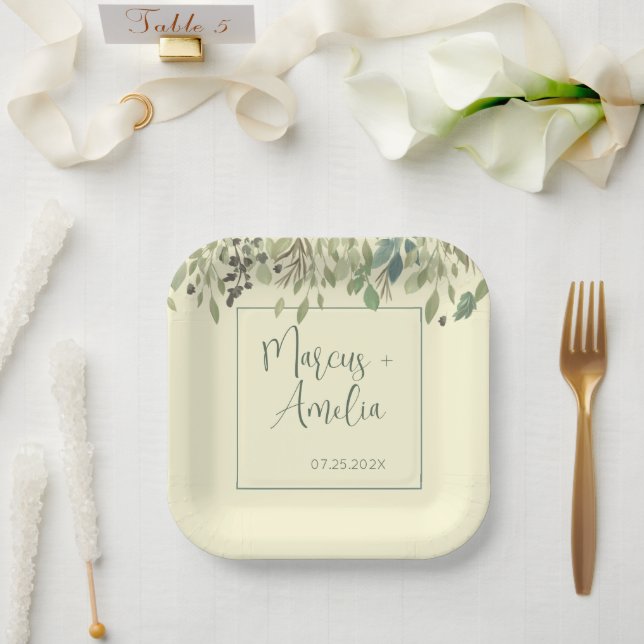 Modern Cream & Eucalyptus Wedding  Paper Plates (Wedding)