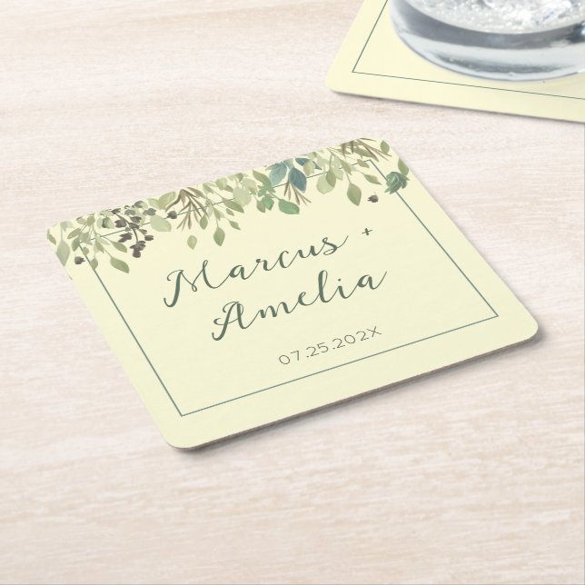 Modern Cream & Eucalyptus Wedding   Square Paper Coaster (Angled)
