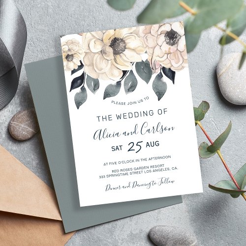 Modern cream floral watercolor script wedding invitation