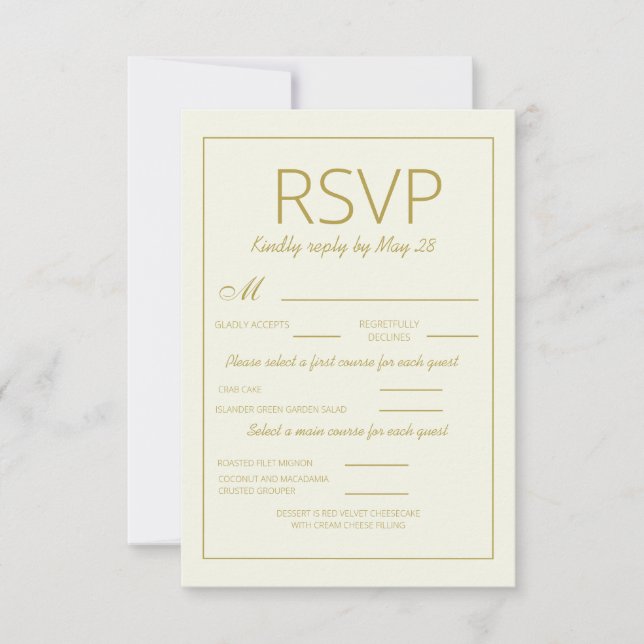 Modern Cream Gold Wedding RSVP Vertical Meal (Front)
