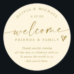 Modern Cream & Gold Wedding Welcome Hotel Bag Classic Round Sticker<br><div class="desc">Cream and Gold Hotel Bag Stickers: Add a timeless touch to your wedding welcome bags with these cream and gold modern handwriting stickers. Each 3-inch round sticker features the phrase “welcome friends & family” in elegant script with a gold-tone accent and the couple’s names and date below. The warm cream...</div>