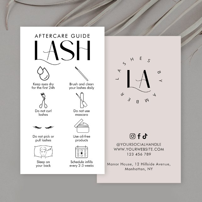Modern Cream Lash Extensions Aftercare Salon Logo Business Card (Elegant Lash Extensions aftercare instructions cards with space for your salon logo)