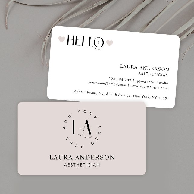 Modern Cream Neutral Aesthetician Elegant Logo Business Card (Minimal cream & business cards with trendy serif fonts and fully editable colors & contact details)