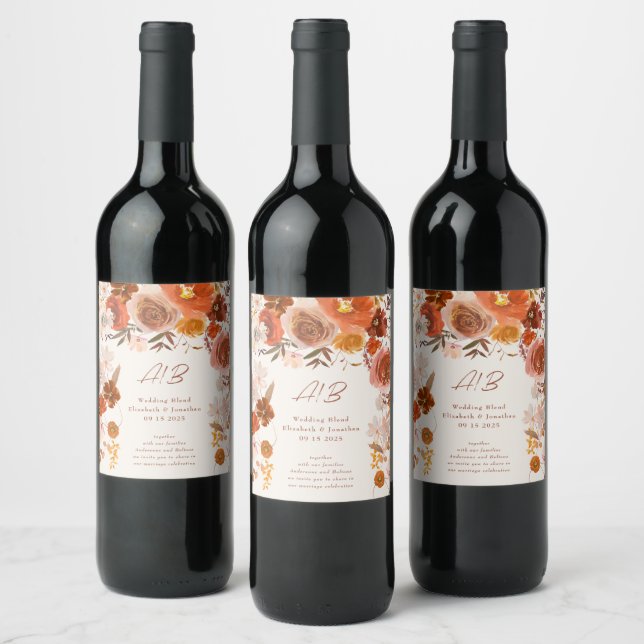Modern Cream Orange Terracotta Floral Wedding Wine Label (Bottles)