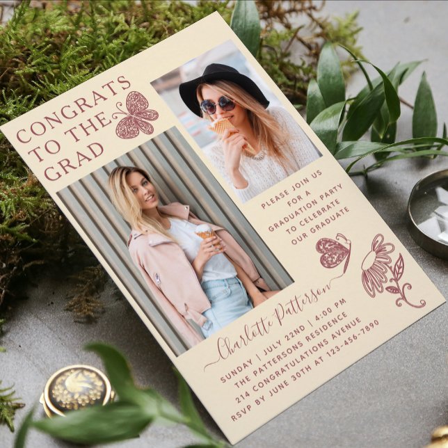 Modern Cream Pink Butterfly Photo Graduation Party Invitation (Creator Uploaded)