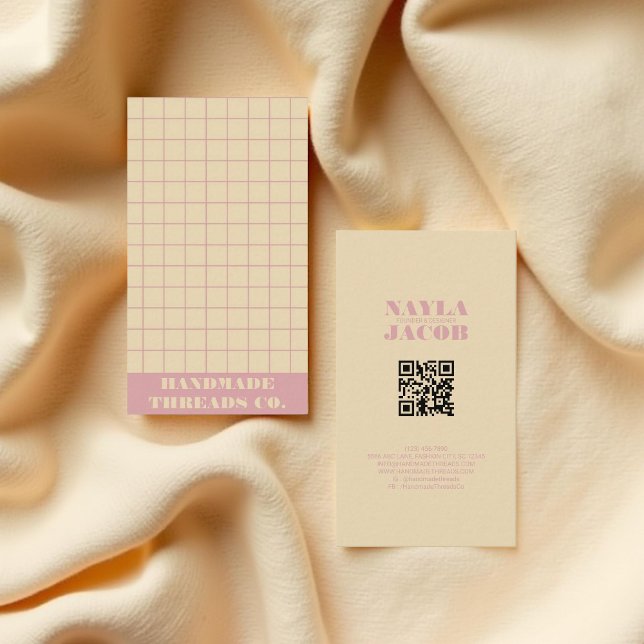 Modern Cream & Pink Checkered Pattern QR Code Business Card (Creator Uploaded)
