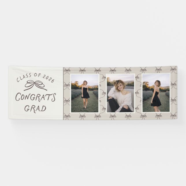 Modern Cream Taupe Bows 3 Photo Graduation Banner (Horizontal)