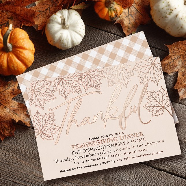 Modern Cream Thankful Autumn Leaves Thanksgiving Foil Invitation (Creator Uploaded)
